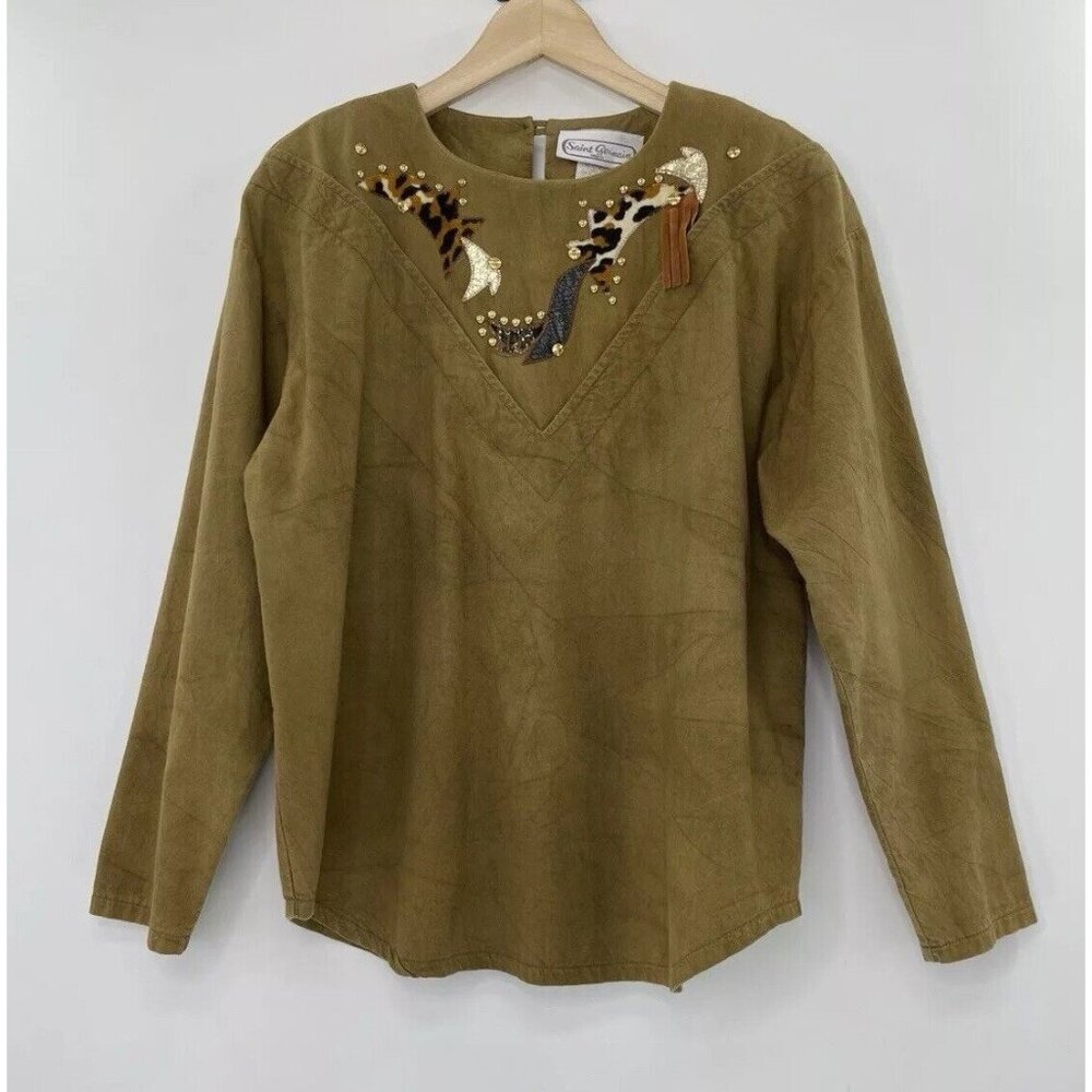 Vtg Saint Germain‎ Khaki Western Embellished Appliqué Animal Print Blouse Size M